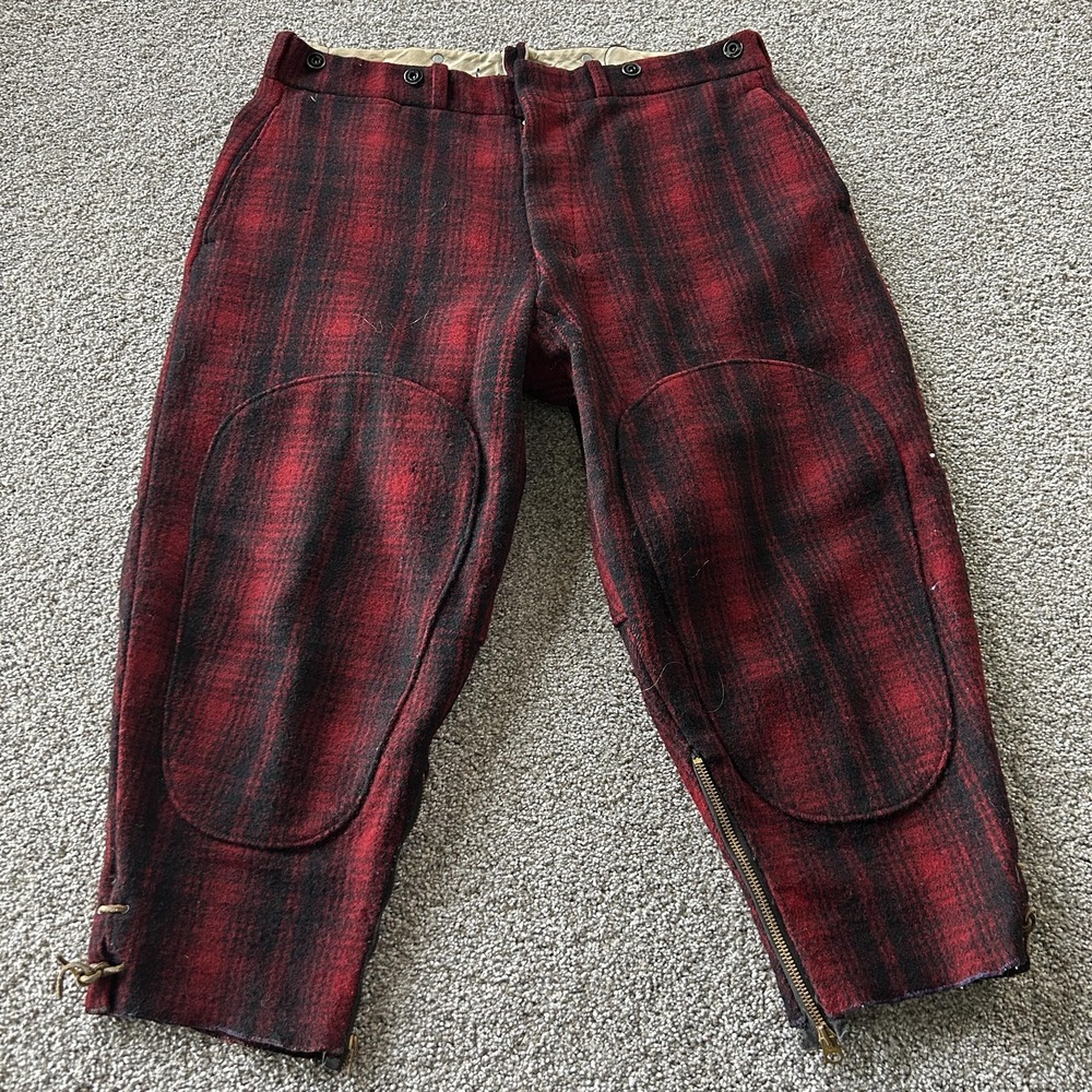 Vintage Woolrich Pants Mens 32x22 Red Plaid Wool Cropped Hunting Ankle Zip